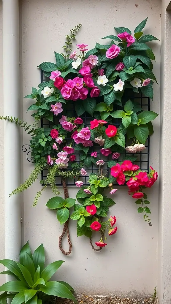 A vertical garden featuring colorful climbing plants on a wall.