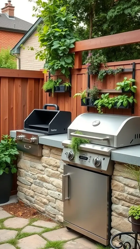 A grill station featuring a vertical herb garden with various herbs in pots, set against a wooden fence.