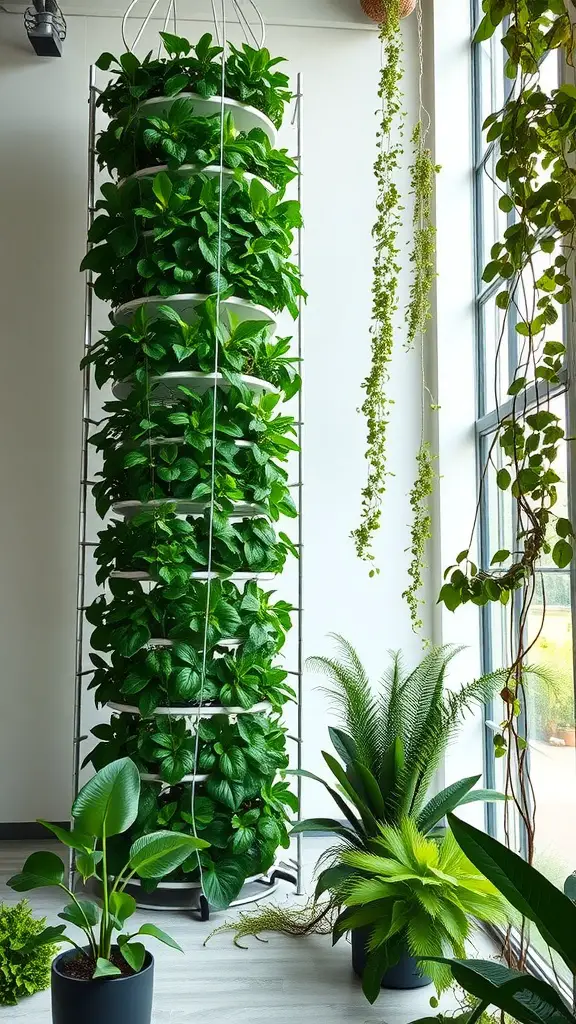 17 Innovative Hydroponic Gardening Ideas You Need to Try 6 A vertical hydroponic tower filled with lush green plants, surrounded by other potted plants.