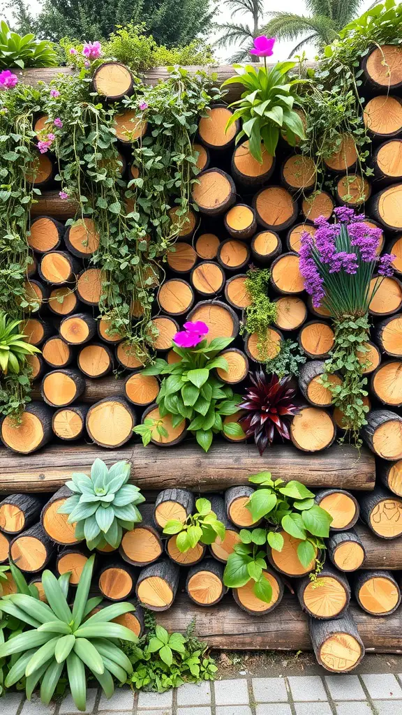 Vertical log planters with various plants and flowers
