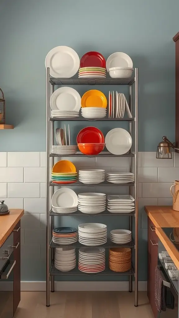 19 Affordable Dollar Tree Kitchen Organization Ideas You Need to Try 11 A vertical plate rack filled with various plates and bowls in a kitchen setting.