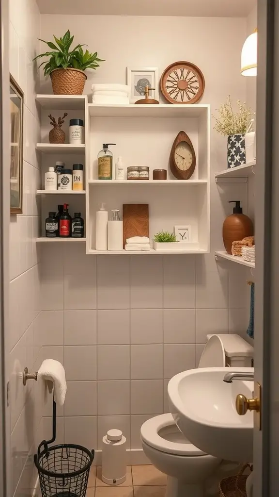 A small bathroom featuring vertical shelving with neatly arranged towels, toiletries, and decorative items.