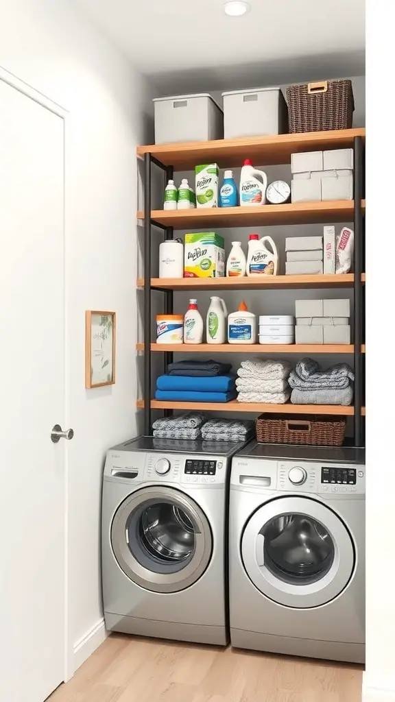 23+Creative Laundry Room Storage Ideas You Need to Try 7 A compact laundry room with a vertical shelving unit filled with laundry supplies, towels, and storage bins.