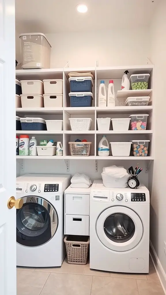 23 Creative Laundry Room Storage Ideas You Need to Try 5 Organized vertical shelving unit in a laundry room with various storage bins and laundry machines.