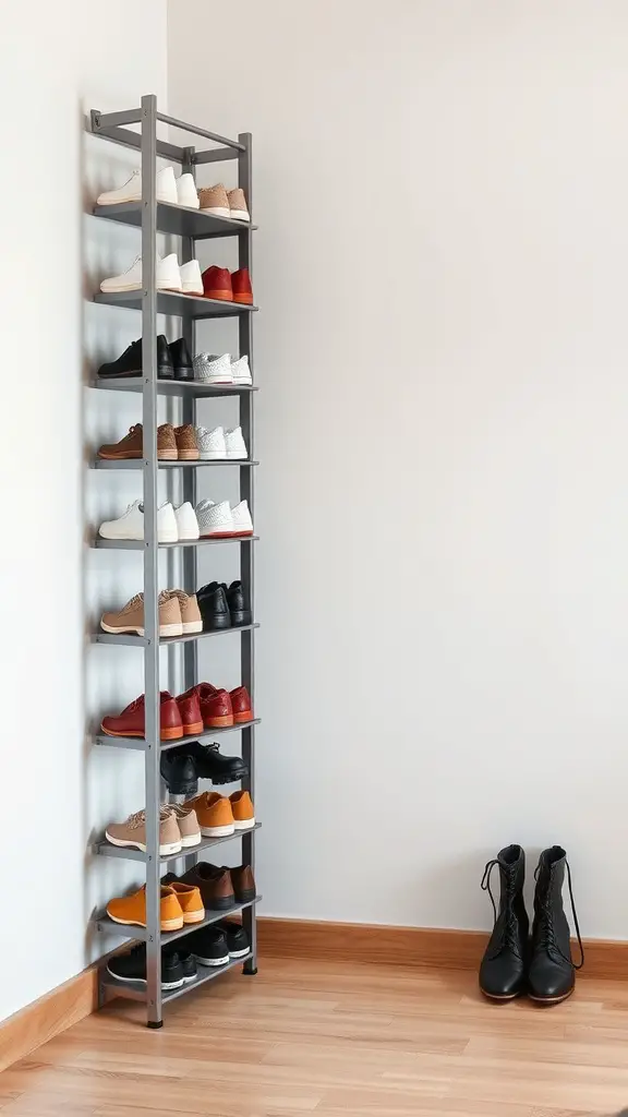 21+Creative DIY Shoe Rack Ideas to Organize Your Space 2 A tall, modern shoe rack in a corner displaying various shoes.