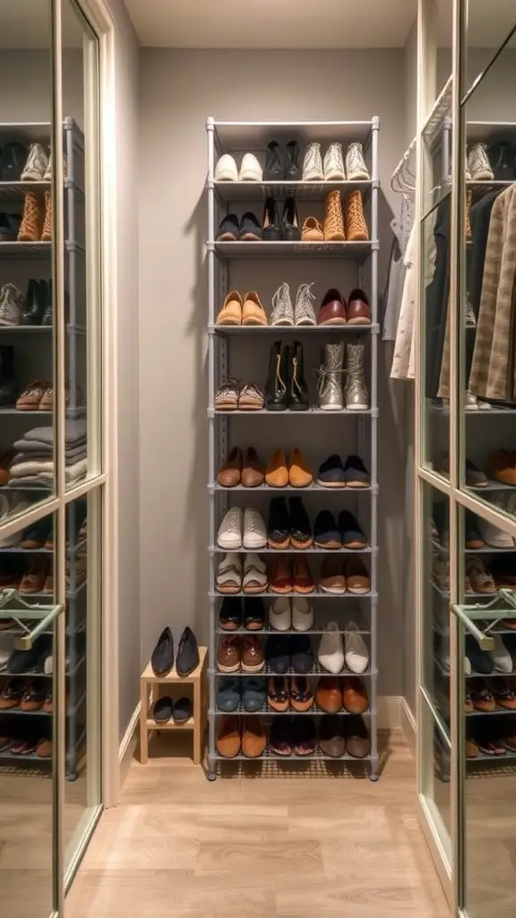 17+ Smart Closet Storage Ideas to Maximize Space 8 A vertical shoe rack displaying various types of shoes in a well-organized closet.
