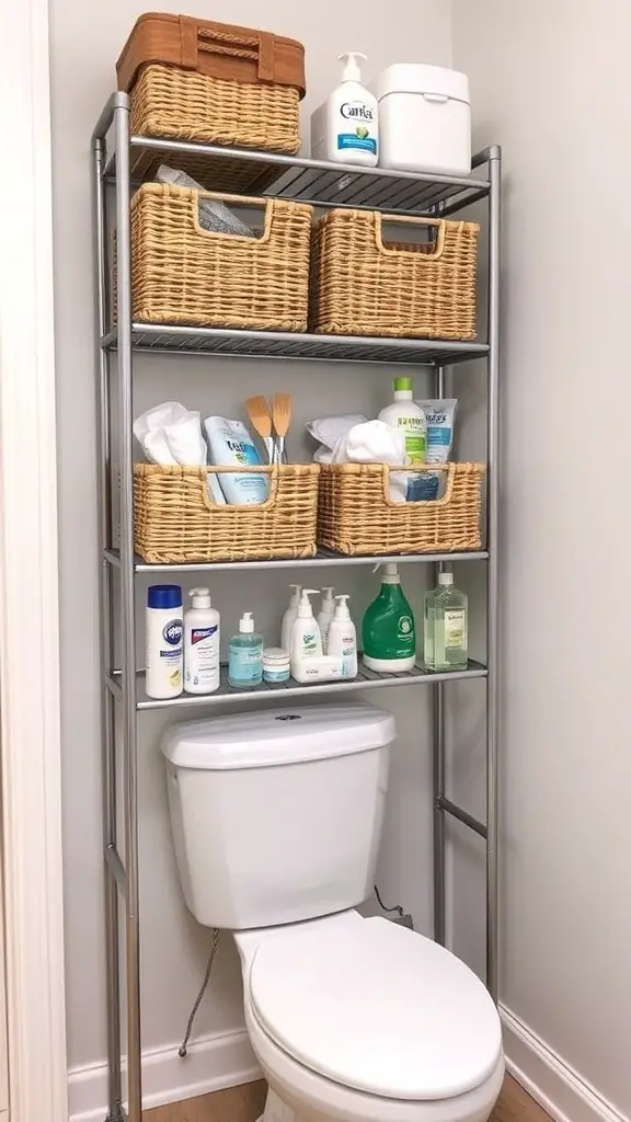 17 Creative Over Toilet Storage Ideas for Small Bathrooms 4 Vertical storage baskets on a shelf above a toilet, organized with toiletries and cleaning supplies.