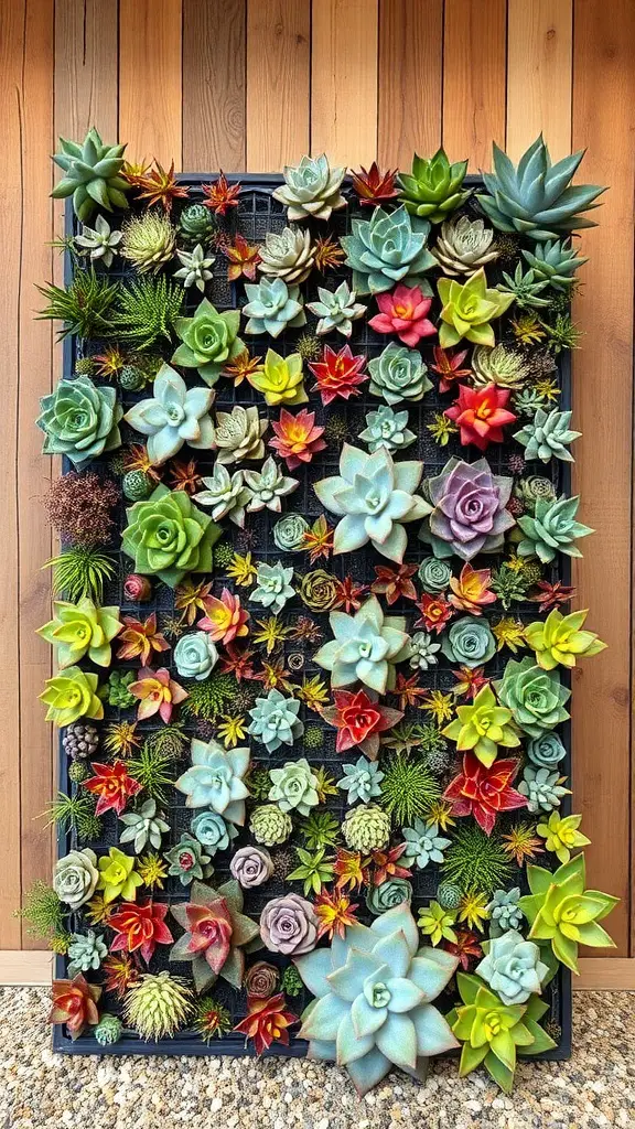 17 Stunning Succulent Garden Ideas for Your Home 5 A vertical wall art display featuring a variety of colorful succulents arranged in a grid pattern.