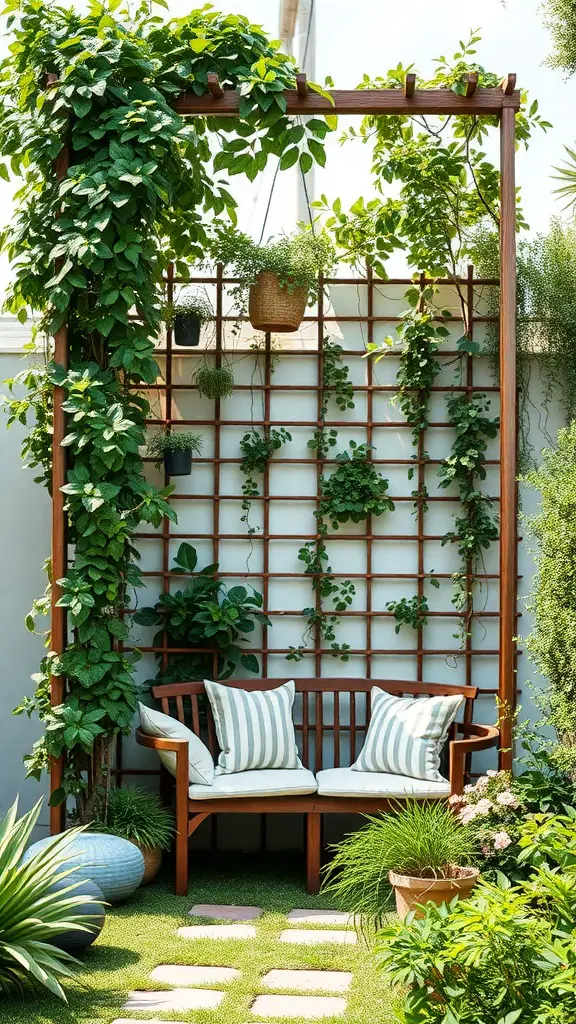 23 Creative Trellis Ideas for Ultimate Privacy in Your Garden 13 A vertical trellis with lush plants and a built-in seating area, featuring cushions and decorative pots.
