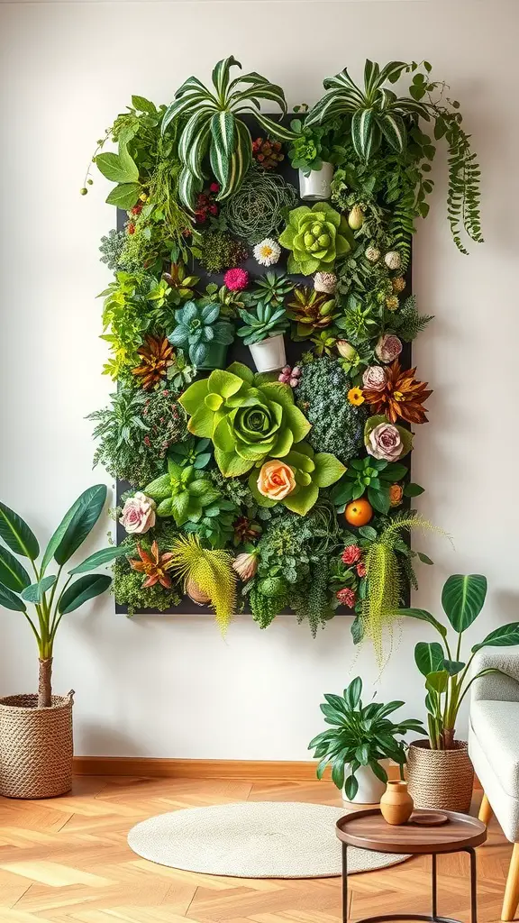 17 Creative Indoor Garden Ideas to Transform Your Space 5 A vibrant vertical wall garden filled with various plants and flowers, enhancing the indoor space.