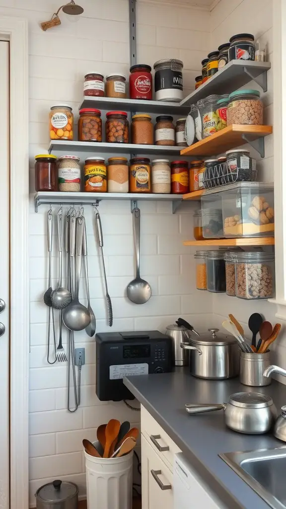 17 Smart Small Kitchen Storage Ideas You’ll Love 8 Vertical wall shelves in a kitchen filled with jars, containers, and hanging utensils.