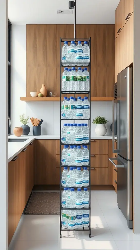 15+ Creative Ways to Store Your Water Bottles 6 Vertical water bottle rack filled with clear water bottles in a modern kitchen