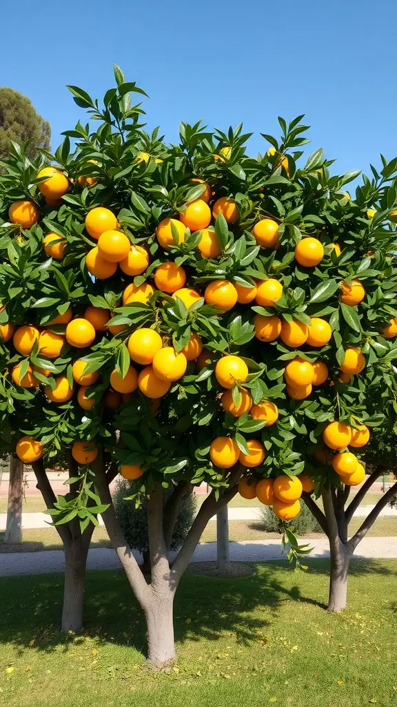 19 Stunning Mediterranean Garden Ideas You’ll Love 7 A lush orange tree filled with ripe oranges under a clear blue sky.