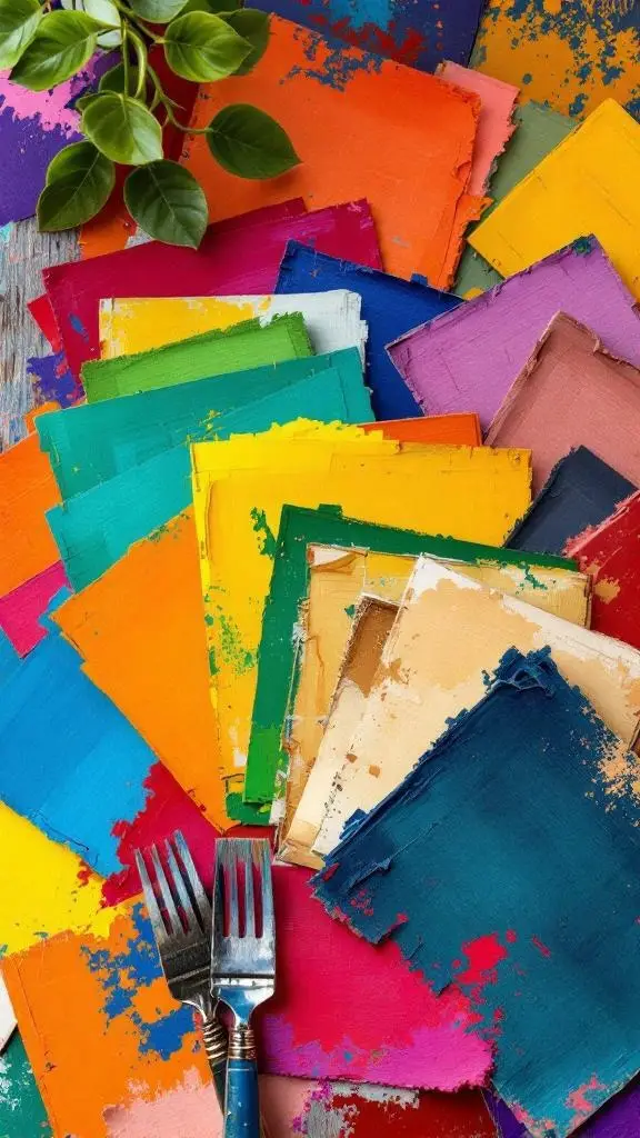 21 Stunning Mexican Patio Hacienda Style Ideas for Your Outdoor Space 5 Color swatches in vibrant hues including yellow, blue, red, and green on a wooden surface.