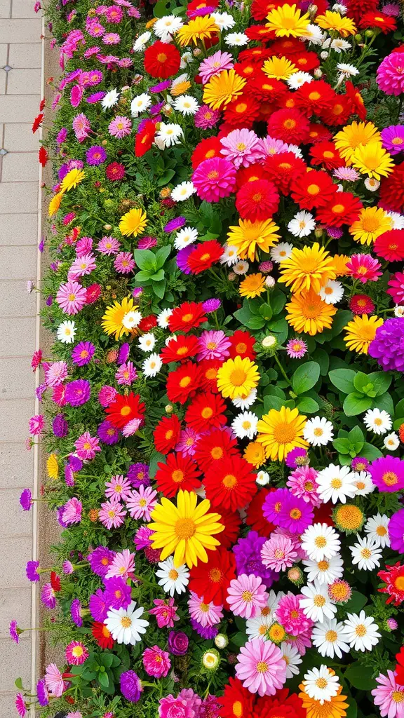 21 Creative Garden Border Ideas You Can Try Today 4 A vibrant flower bed featuring a mix of colorful flowers including red, yellow, pink, and white blooms.