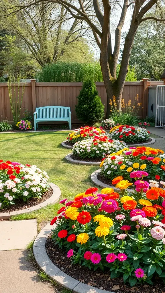 23 Amazing Backyard Ideas for Your Bloxburg Home 9 A backyard with colorful flower beds and a blue bench.