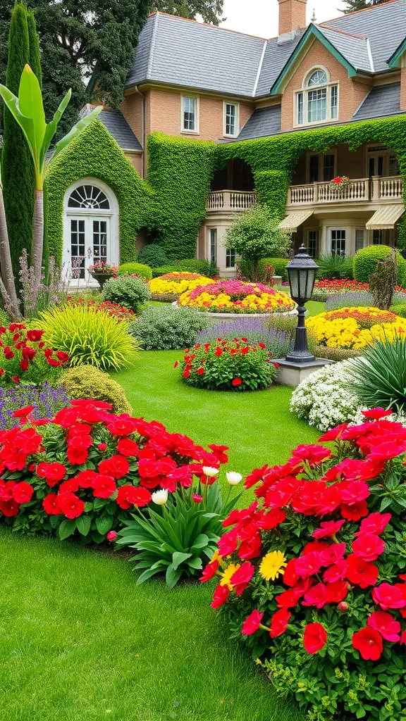 A beautiful mansion backyard featuring vibrant flower beds with red, yellow, and white flowers surrounded by lush green grass.