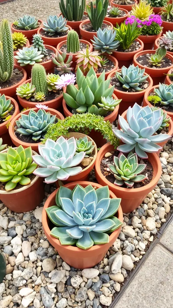 23 Vibrant Mexican Garden Ideas to Transform Your Outdoor Space 8 A variety of succulents in terracotta pots arranged in a garden setting.