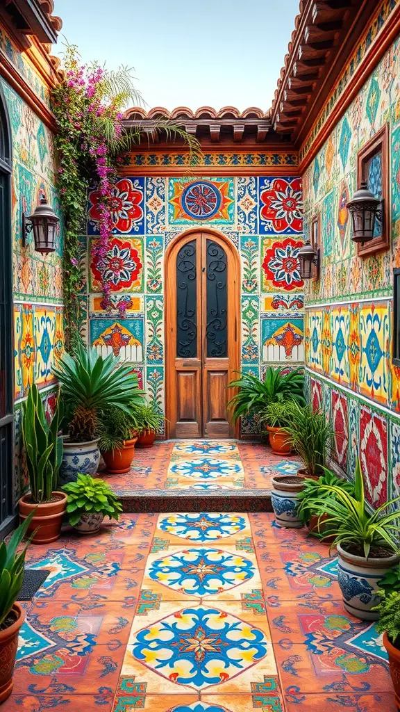 17 Inspiring Mexican Patio Ideas for Your Outdoor Space 8 Colorful tiled patio with floral patterns and potted plants