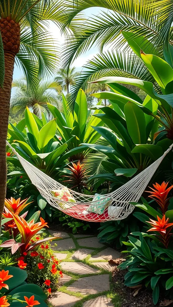 23 Stunning Dream Garden Ideas to Transform Your Outdoor Space 12 A cozy hammock surrounded by lush tropical plants and colorful flowers.