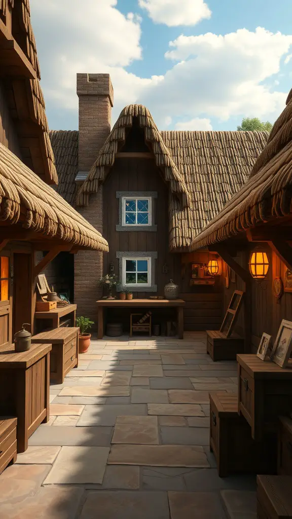 19 Creative Minecraft Storage Room Ideas You Need to Try 13 A cozy village-inspired storage room with wooden structures, thatched roofs, and stone pathways.
