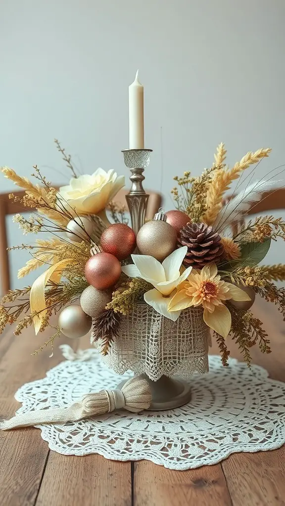 A vintage-inspired holiday centerpiece featuring a candle, dried flowers, and ornaments on a lace doily.