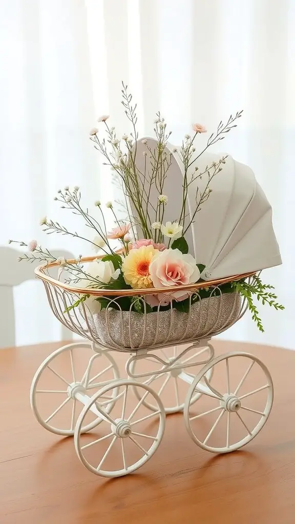 21 Adorable Baby Shower Table Centerpieces for Your Celebration 14 A vintage baby carriage centerpiece filled with flowers