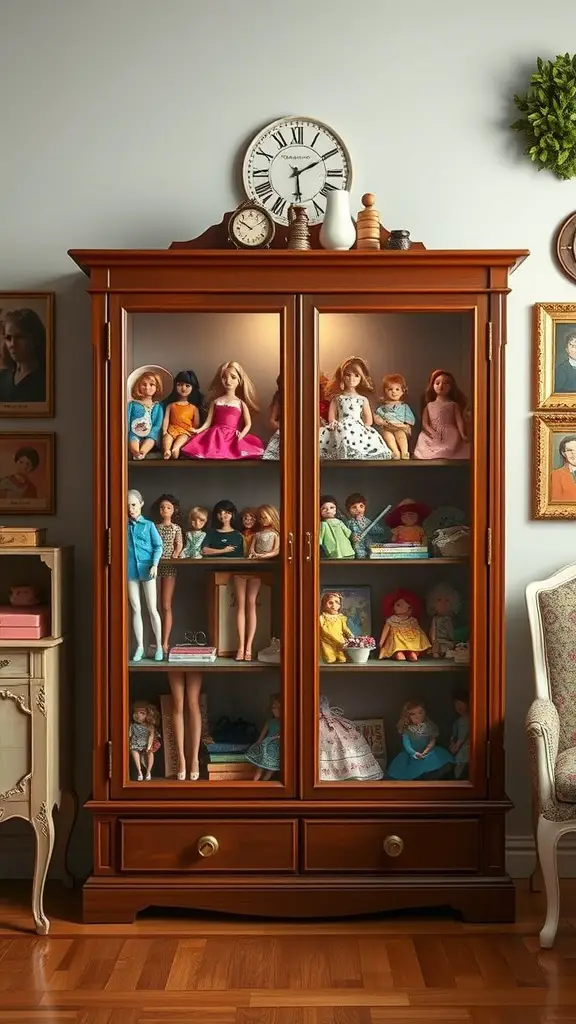 17 Creative Storage Ideas for Your Barbie Collection 11 A vintage wooden display cabinet filled with various Barbie dolls, showcasing their colorful outfits and styles.