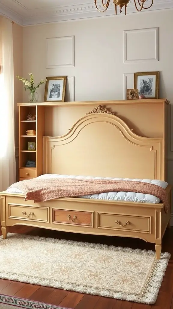 25+Creative Bed Frame with Storage Ideas You’ll Love 12 A vintage bed frame with storage drawers and a decorative headboard in a cozy bedroom setting.