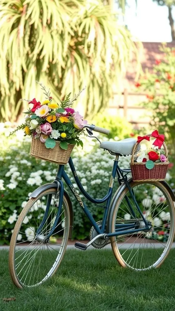 19 Whimsical Garden Party Ideas for Unforgettable Celebrations 30 A vintage bicycle with flower baskets in a garden