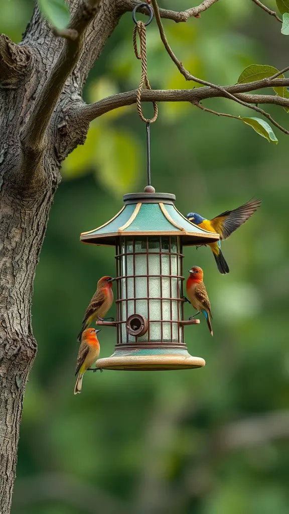 21 Charming Vintage Garden Decor Ideas to Transform Your Outdoor Space 17 A vintage bird feeder hanging from a tree with colorful birds around it.
