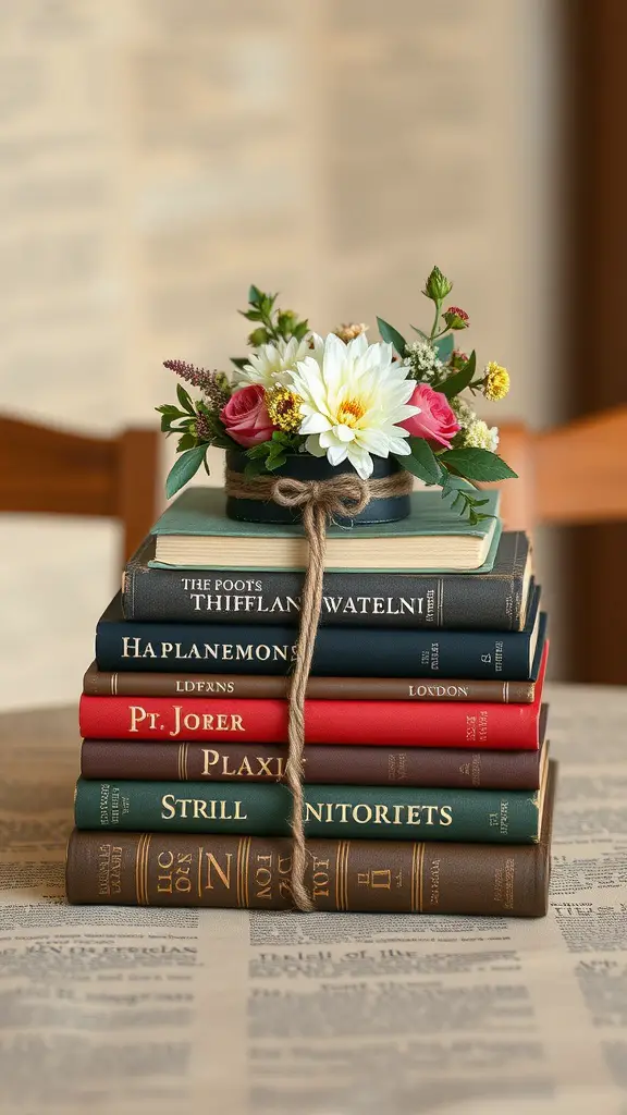 23 Stunning Dollar Tree Centerpieces You Can DIY 14 A stack of vintage books topped with a floral arrangement, featuring daisies and roses, on a table.