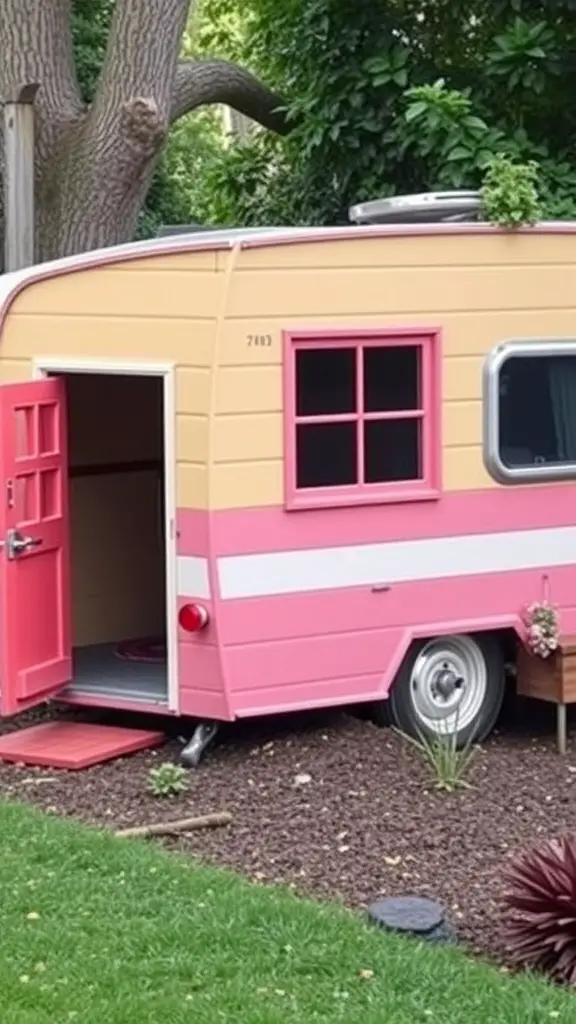 17+ Creative Outside Dog House Ideas for Your Furry Friend 15 A vintage caravan styled dog house in pink and yellow colors, set in a garden.