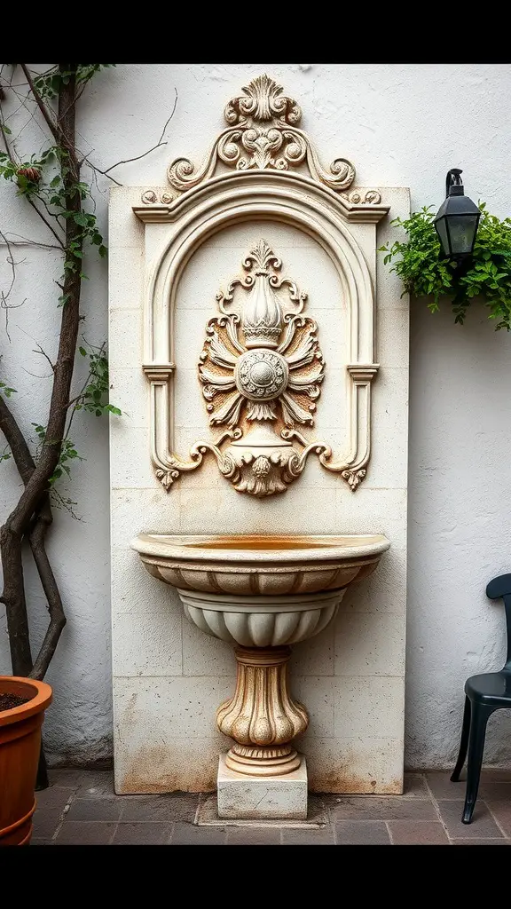 A vintage cast iron fountain with ornate details, set against a wall and surrounded by plants.