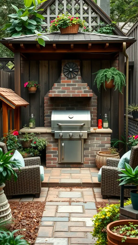 A cozy backyard grilling area featuring a brick grill, lush plants, and comfortable seating.