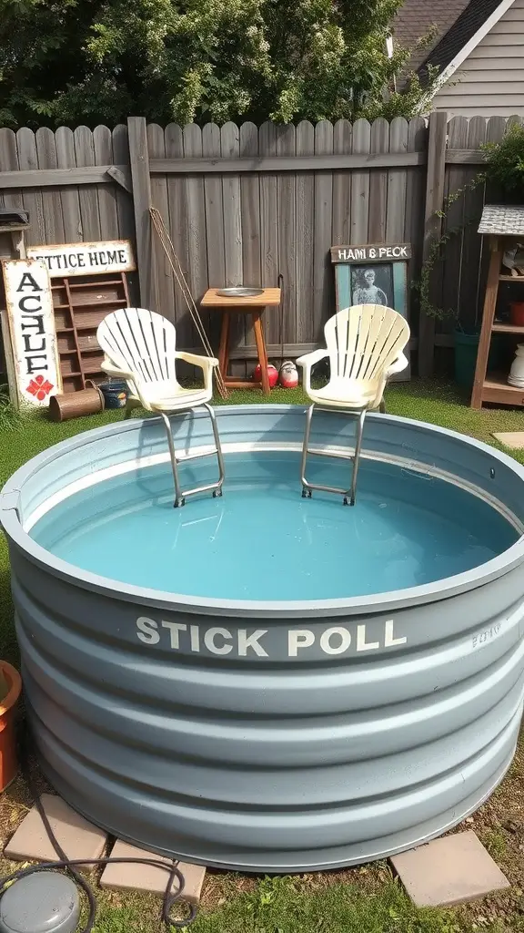 21+ Unique Stock Tank Pool Ideas for Your Backyard Oasis 5 A stock tank pool with blue water, two white chairs, and vintage decor in a backyard setting.