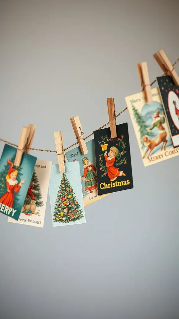 21+ Creative Christmas Decoration Ideas for a Festive Home 9 A string of vintage Christmas cards displayed with clothespins.