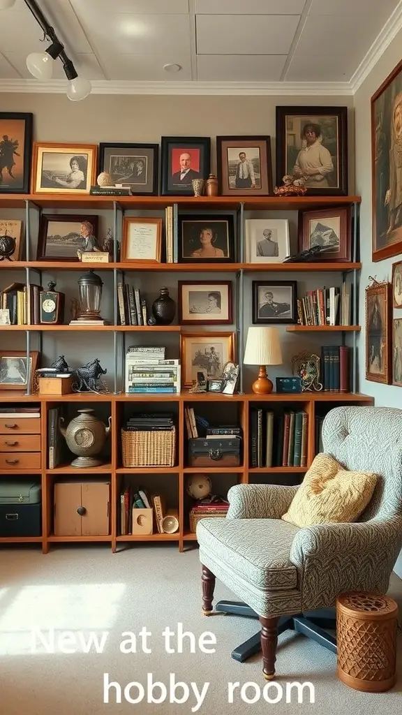 A cozy vintage collectibles display area with shelves filled with framed photos, books, and decorative items.