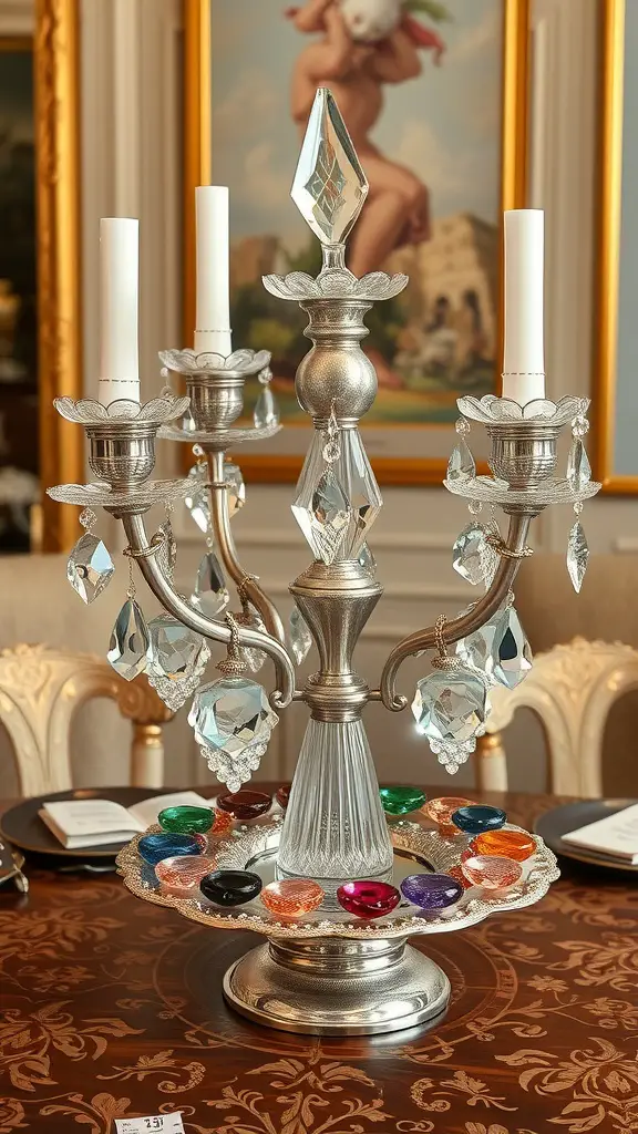 A vintage candelabra centerpiece with crystals and colorful gemstones.