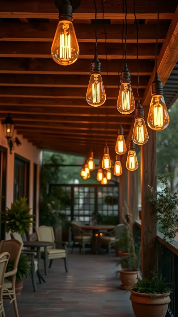 23+ Creative Patio String Light Ideas to Transform Your Outdoor Space 2 A patio with vintage Edison bulbs hanging from a wooden ceiling, creating a warm and rustic atmosphere.