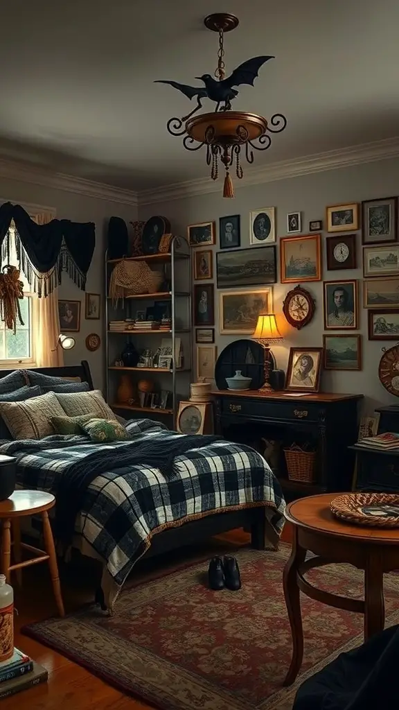 A cozy witchy bedroom featuring vintage decor, a bat chandelier, and a plaid blanket on the bed.