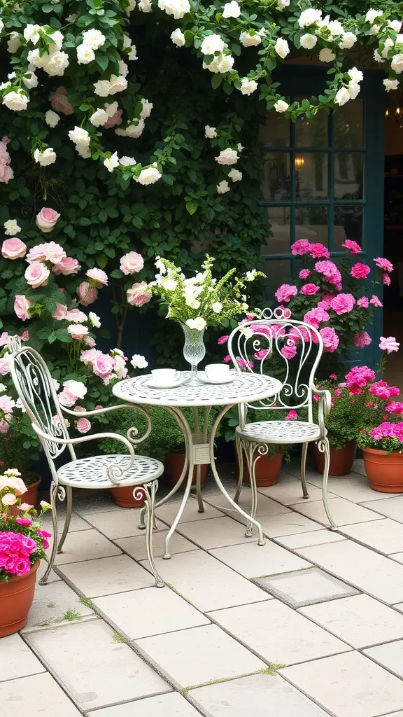 19 Enchanted Garden Ideas to Transform Your Outdoor Space 8 A vintage metal table and chairs surrounded by colorful flowers in a garden.