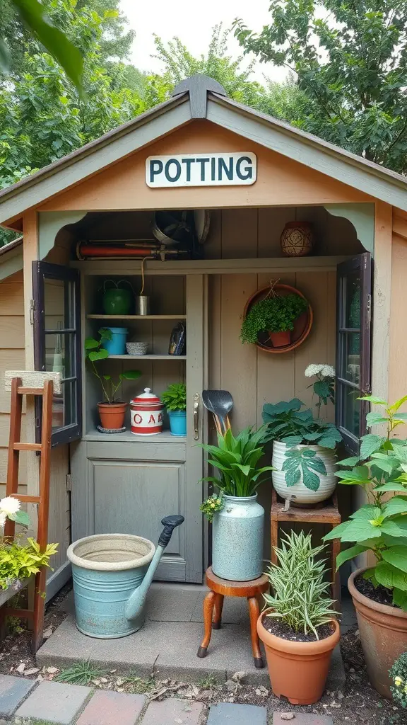23 Inspiring Garden House Ideas for Your Outdoor Oasis 8 A vintage garden potting shed with plants and gardening tools