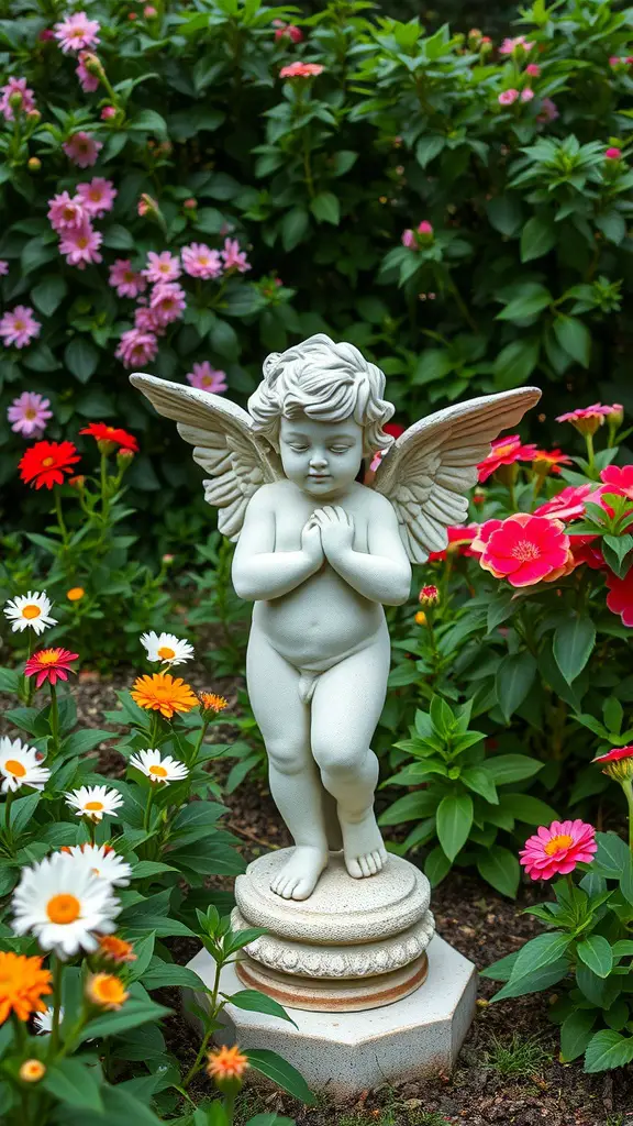 17 Charming Vintage Garden Decor Ideas to Enhance Your Outdoor Space 9 A vintage cherub statue surrounded by colorful flowers in a garden