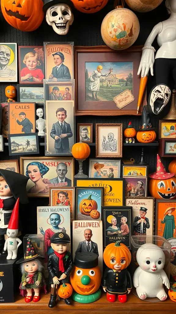 A collection of vintage Halloween collectibles including dolls, postcards, and pumpkin decorations.