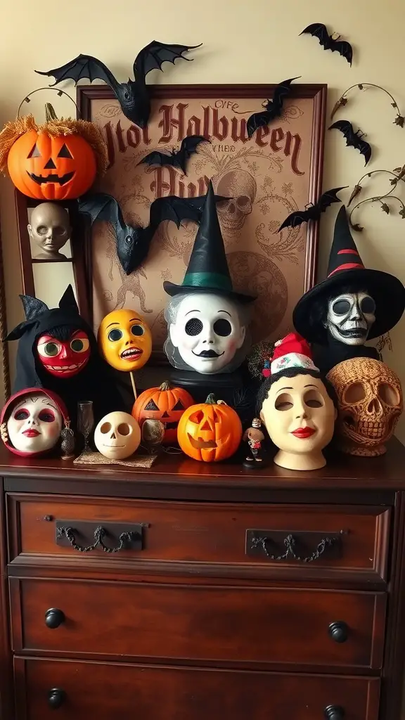 A collection of vintage Halloween decorations including pumpkins, masks, and bats displayed on a dresser.