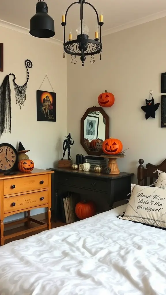 A vintage Halloween themed bedroom with pumpkins, spooky decorations, and warm lighting.