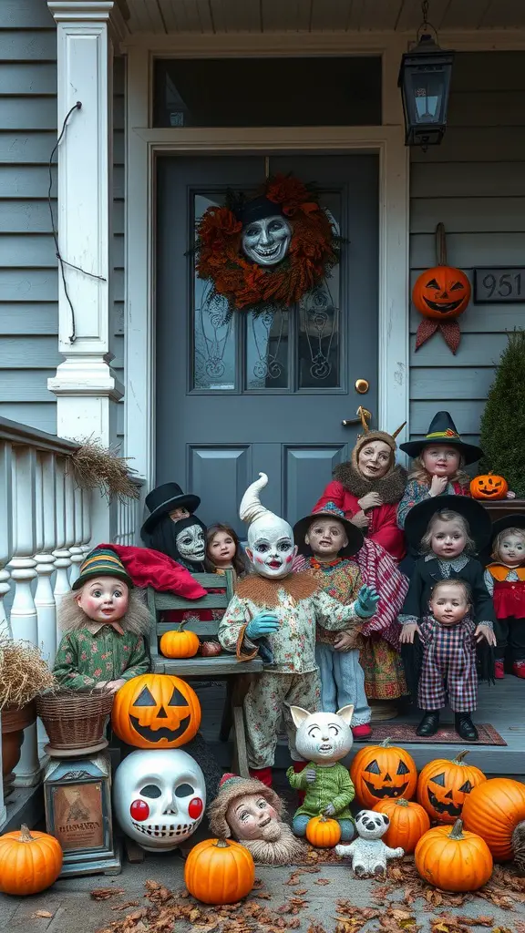 A vintage Halloween front porch decorated with dolls, pumpkins, and a spooky wreath.
