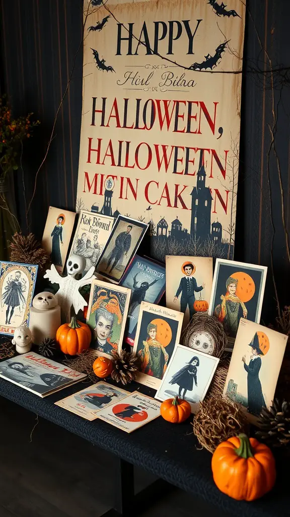 A collection of vintage Halloween postcards displayed with pumpkins and decorative elements.