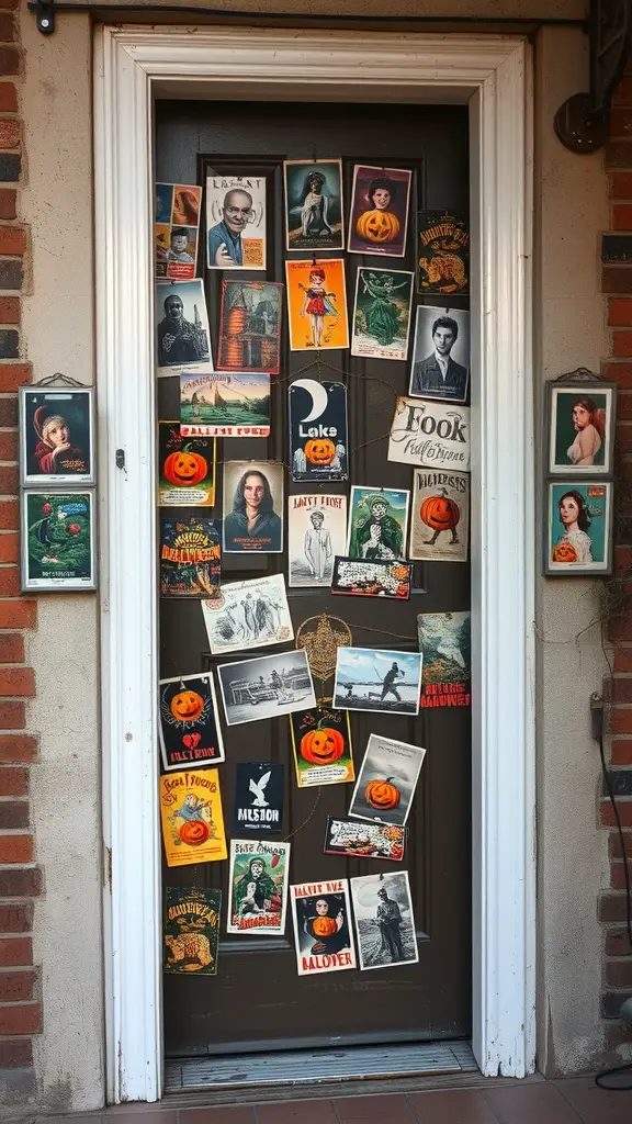 A door decorated with vintage Halloween postcards, featuring pumpkins and spooky characters.